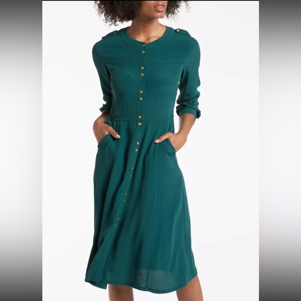 BODEN Ashbourne Dress Teal Green Long Sleeve Gold Button Front Midi Size 2